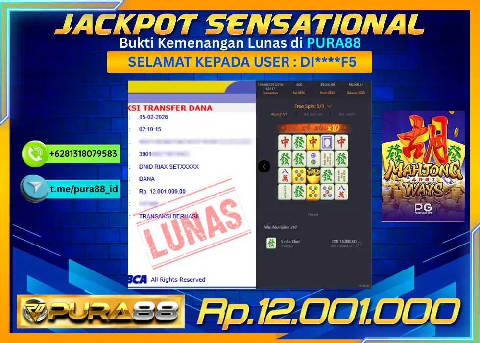 PURA88 JACKPOT MAHJONG WAYS Rp 12.001.000,- LUNAS